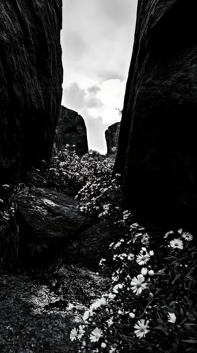 Flowers and granite stones in Oita highland meadow - AI-generated stock image