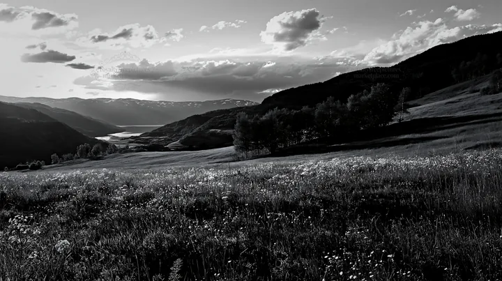 Meadow with rolling valley and distant mountains during sunset - AI-generated stock image