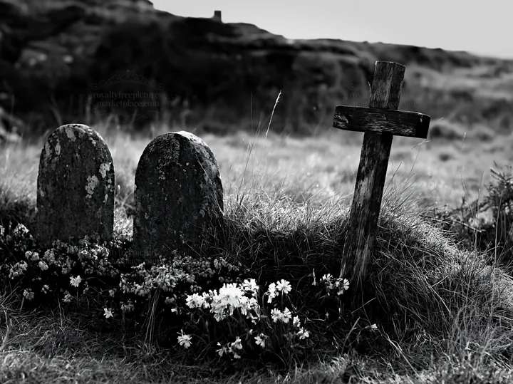 Christian cross among graves in a Christmas meadow - AI-generated stock image