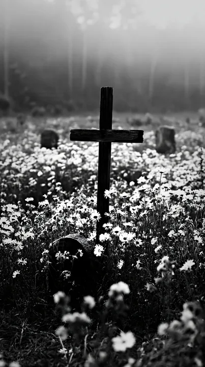 Wooden Christian cross in a meadow filled with flowers - AI-generated stock image