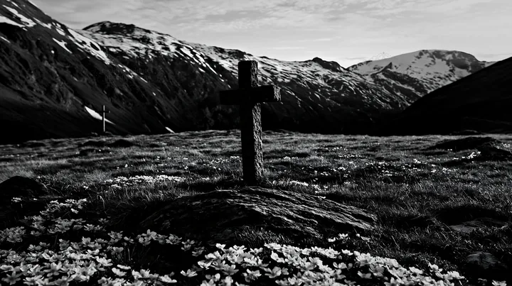 Stone Christian cross in alpine valley meadow - AI-generated stock image