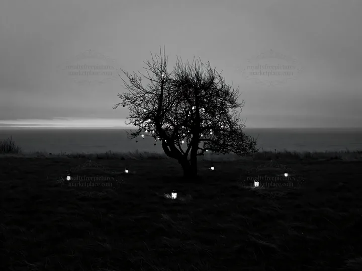 Smart apple tree meadow with lights at dusk - AI-generated stock image