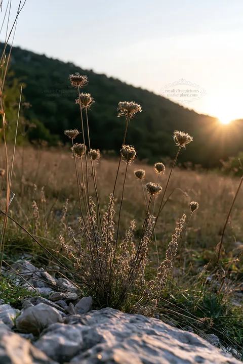 Meadow seedheads backlit at dusk with sunlight in background - AI-generated stock image