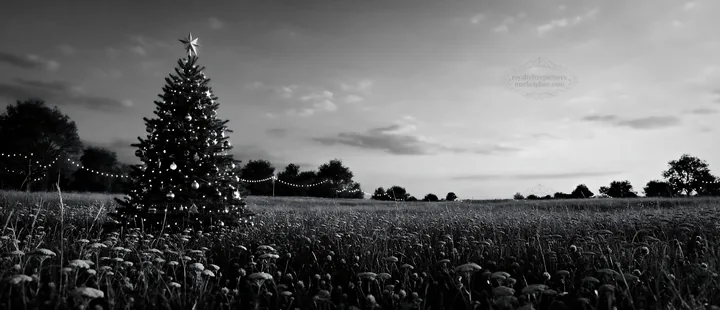 Vibrant Christmas tree set in meadow at dusk - AI-generated stock image