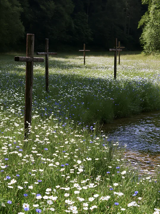 Christian crosses beside mineral spring meadow in nature - AI-generated stock image