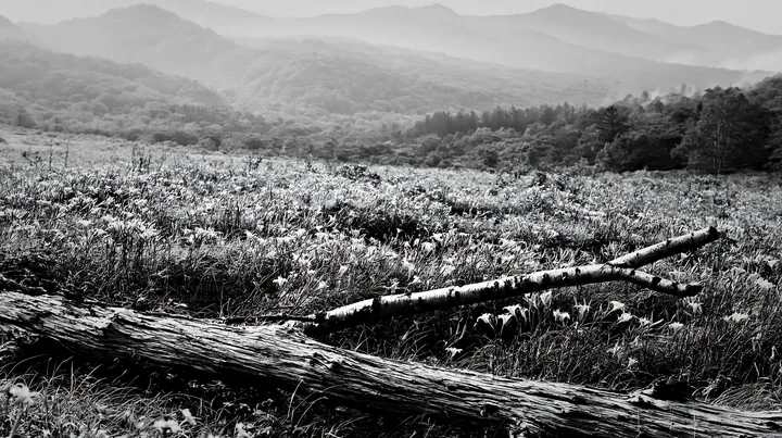 Log in green meadow with mountains in background - AI-generated stock image