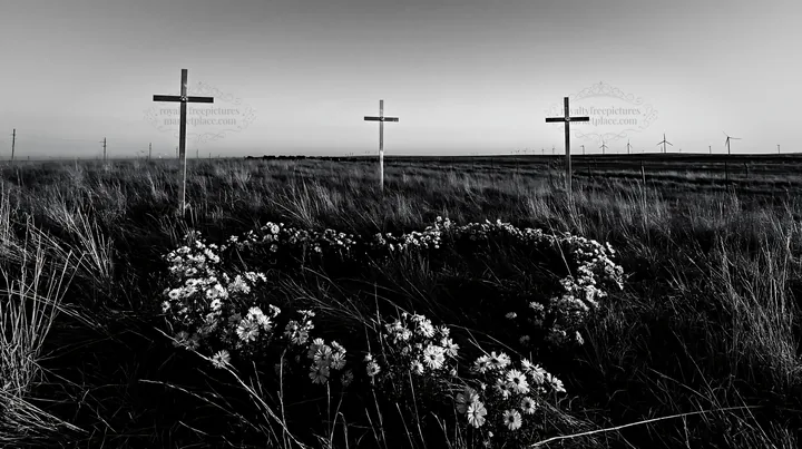 Three Christian crosses in a Christmas meadow at sunrise - AI-generated stock image