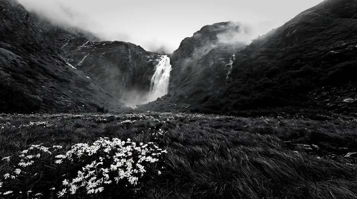 Misty mountain waterfall in a meadow with white flowers - AI-generated stock image