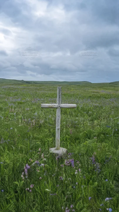 Rustic Christian cross in spring meadow under cloudy sky - AI-generated stock image