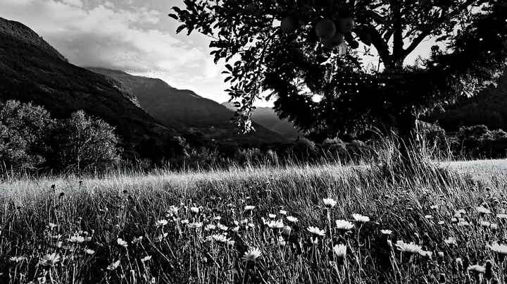 Dolomites meadow with apple tree and flowers in black and white - AI-generated stock image