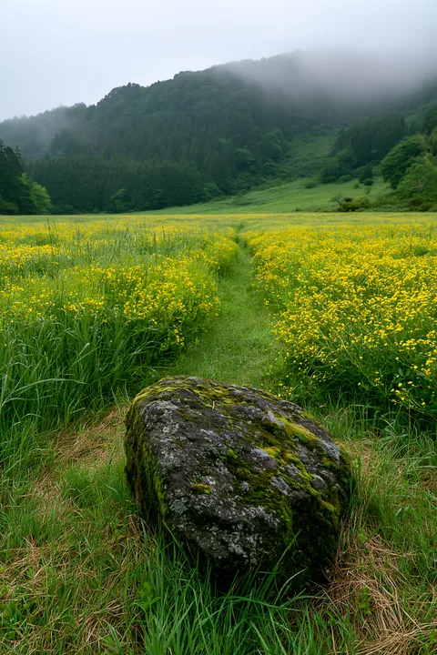 Misty meadow with moss covered stone in Shimane - AI-generated stock image