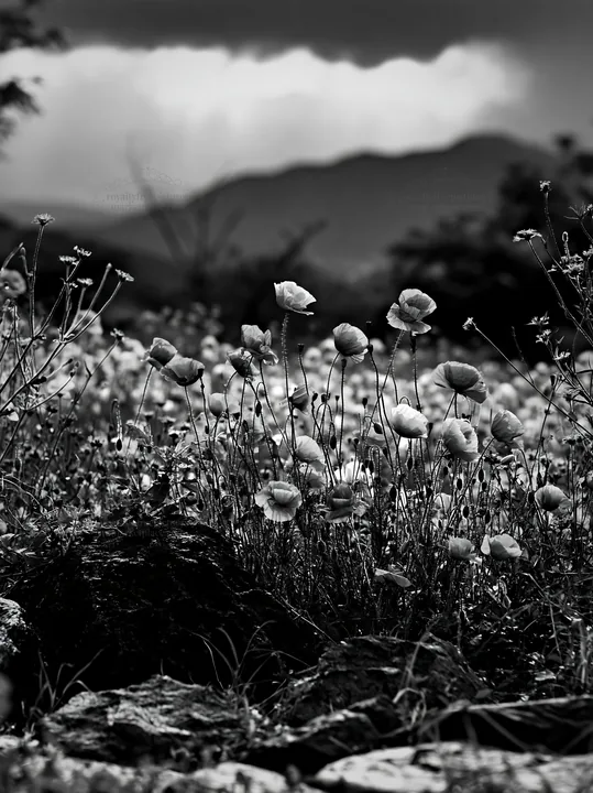 Wildflower meadow in Kyoto during spring with rocky foreground - AI-generated stock image