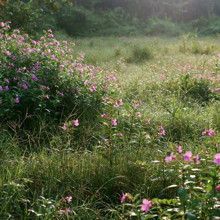 Kochi monsoon meadow with rain beaded pink grasses - AI-generated stock image