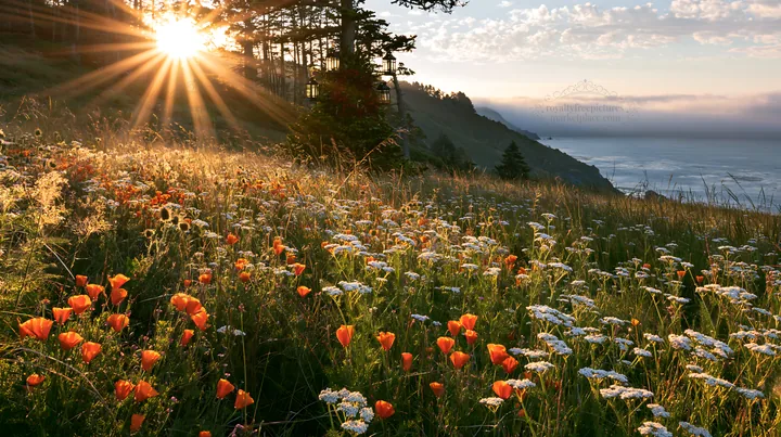 Christmas tree in meadow with sunbeams shining through forest - AI-generated stock image