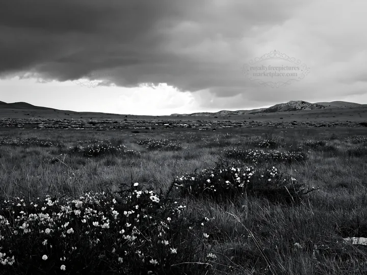 Cloudy limestone meadow with wildflowers in the landscape - AI-generated stock image