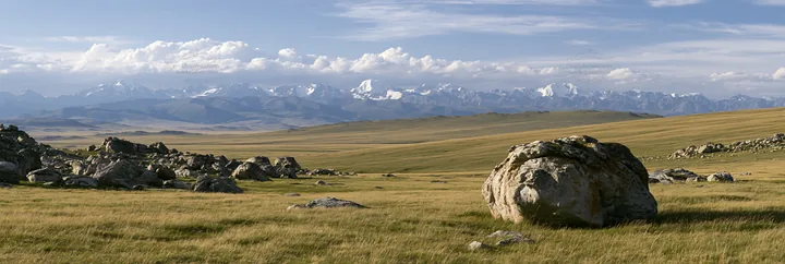 Meadow with boulders and distant mountains - AI-generated stock image