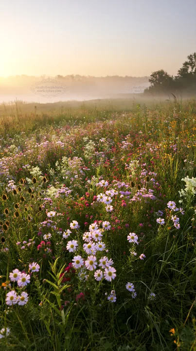 Sunlit lakeside meadow with wildflowers in the morning - AI-generated stock image