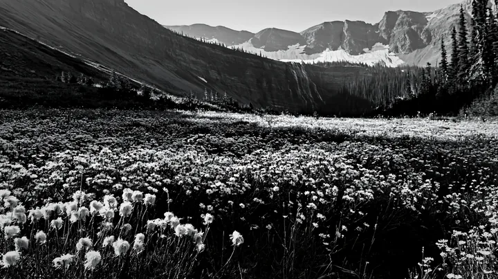White wildflower meadow below a waterfall in nature - AI-generated stock image