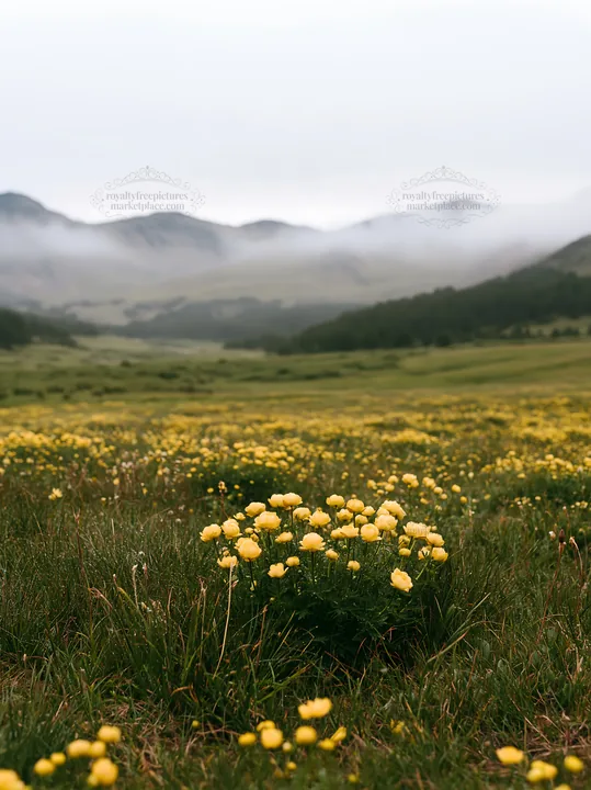 Rainy valley meadow with yellow flowers and distant mountains - AI-generated stock image