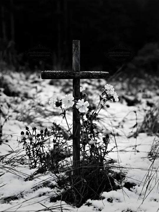 Christian cross in snow-filled meadow with flowers - AI-generated stock image
