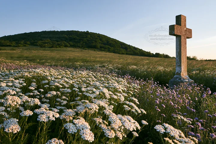 Christian cross in meadow during blue hour - AI-generated stock image