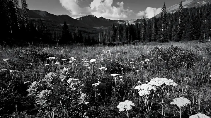 Christmas lights shine over mountain valley meadow - AI-generated stock image