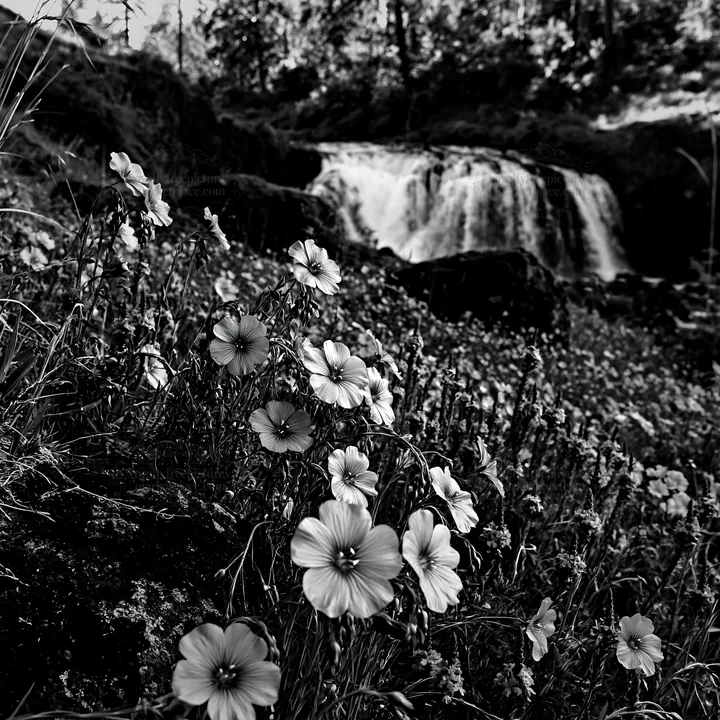 Wildflower meadow under cascading falls - AI-generated stock image