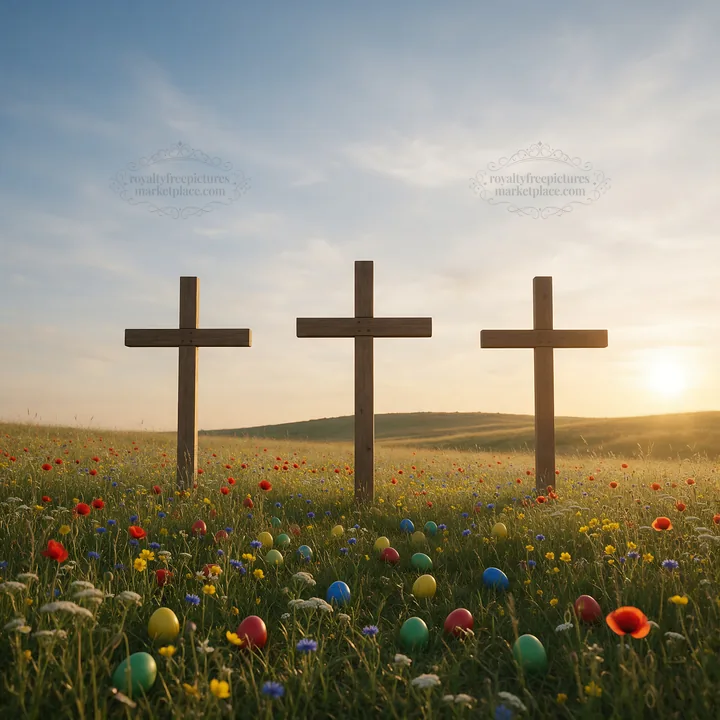 Christian crosses on meadow at sunrise with light rays - AI-generated stock image